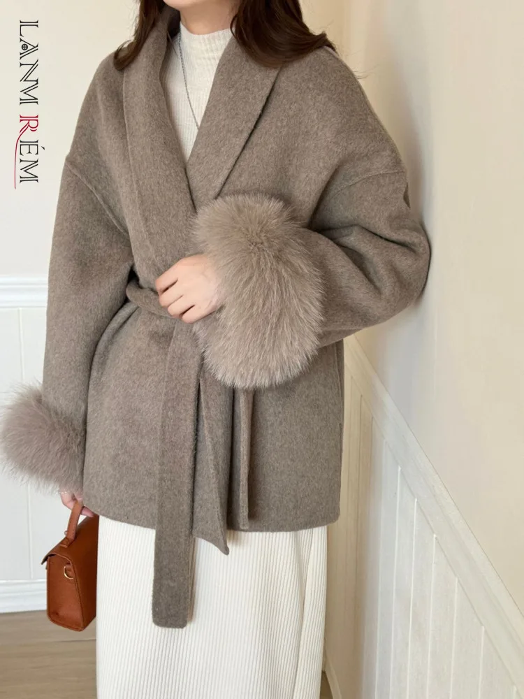 LANMREM Double Sided Wool Coat For Women Fox Fur Stitching Sleeves Lapel Solid Color Belt Coats Woolen Clothing Winter 2DA2598