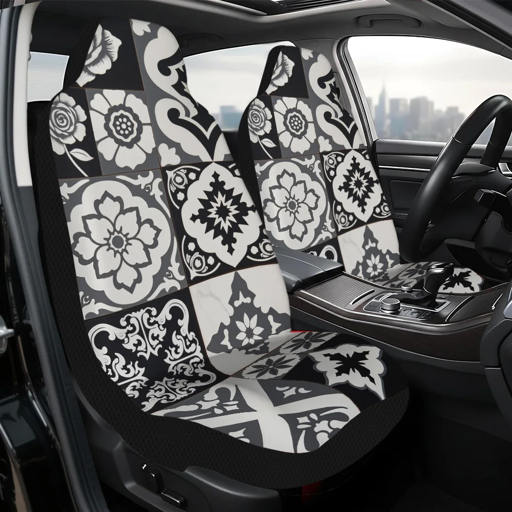 2pcs 2D Flat Printing Geometric Tiles Floor Interior Design Front Covers | Designed For Driver And Passenger, Maintains Original