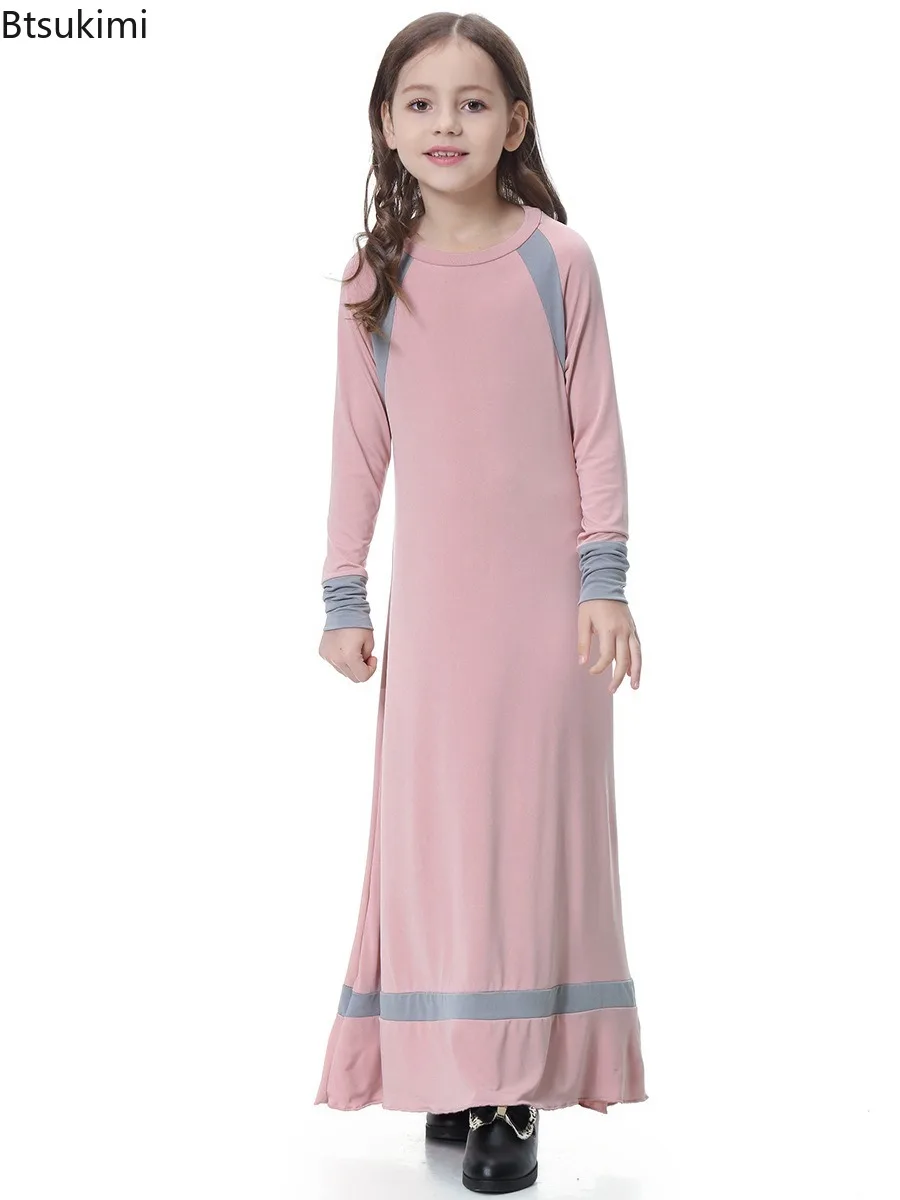 2025 Midden-oosten Arabische Kinderen Kaftan Gewaad Ramadan Moslim Abaya Meisjes Lange Mouw Color Blocking Jurk Kinderen Islamitische Party Kleding