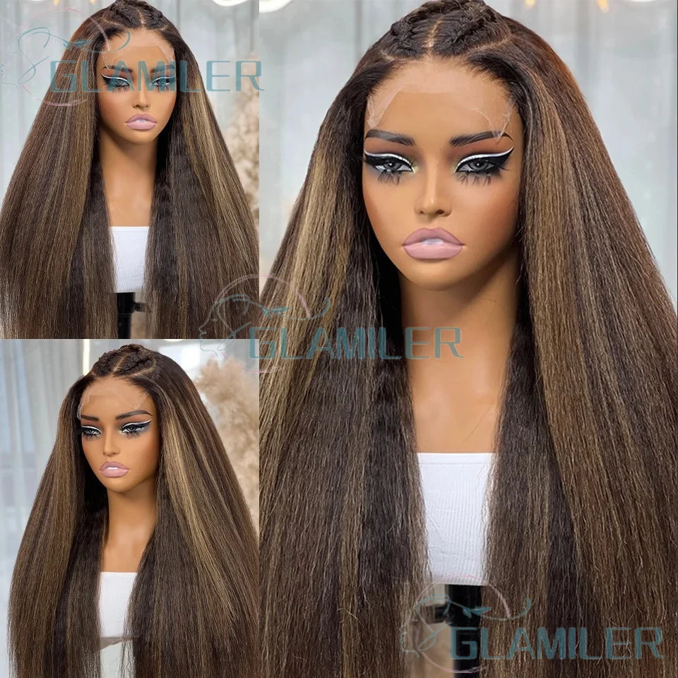 

Balayage Highlight Brown Blonde Kinky Straight 5x5 Silk Top Closure Wigs Pre Plucked Natural Hairline Yaki 13x6/360 Lace Wigs