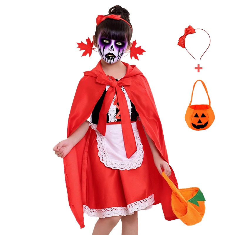 2-12Y Girl Little Red Riding Hood Cosplay Costume Halloween Fairy Tale Costume Carnival Party Vampire Clothes Purple Bat Dress