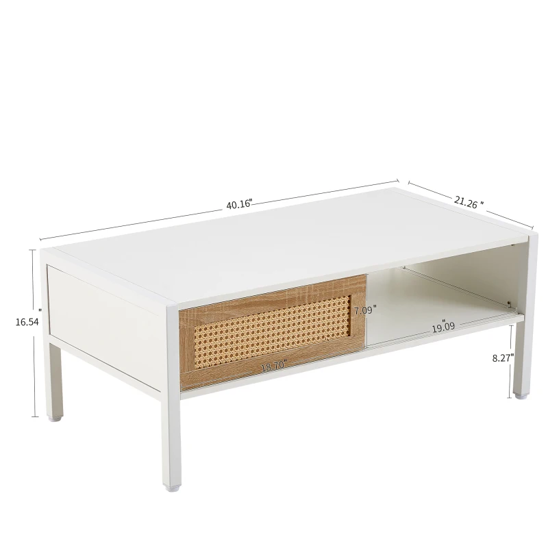 Rattan Coffee Table Sliding Door Storage, Metal Legs Modern Table For Living Room White Rattan Woven Door Panels Metal Legs