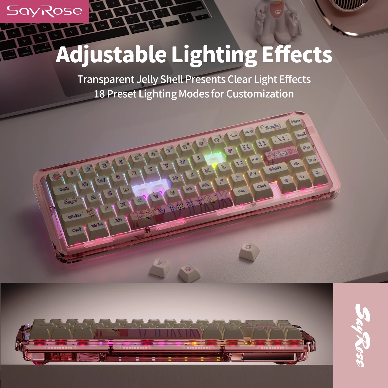 SayRose B67 Cute Wireless Mechanical Keyboard Triple Mode 2.4G Bluetooth 5.4 Type C RGB 18 Light Effects Hot Swappable Gasket Crystal Switches 3750mAh 67 Keys Aesthetic Girl Desk Decor Gift