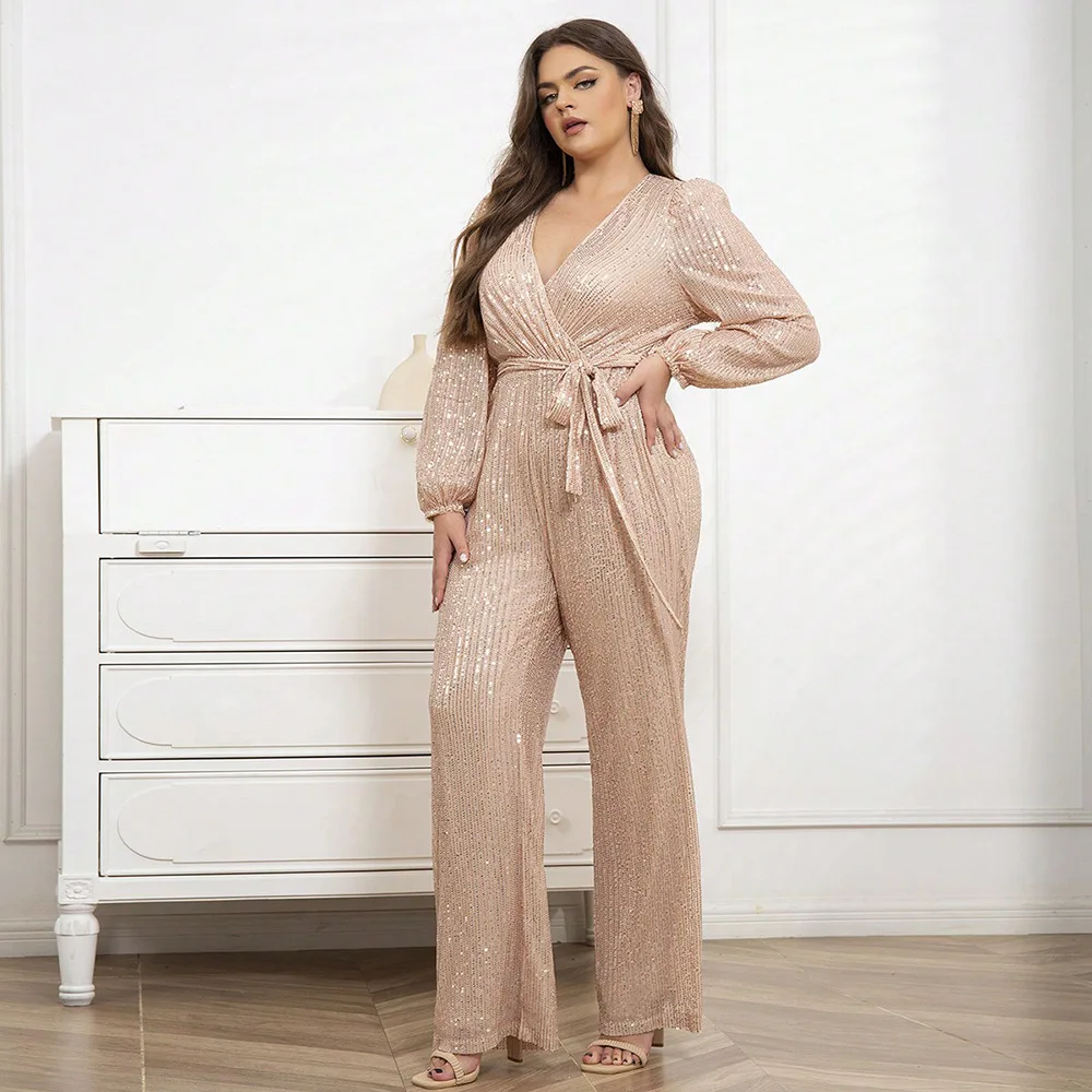 

2025 Autumn New Style Sexy Temperament Women's Jumpsuit Sequined Deep V Long Sleeve Straight Jumpsuit 3XS-3XL