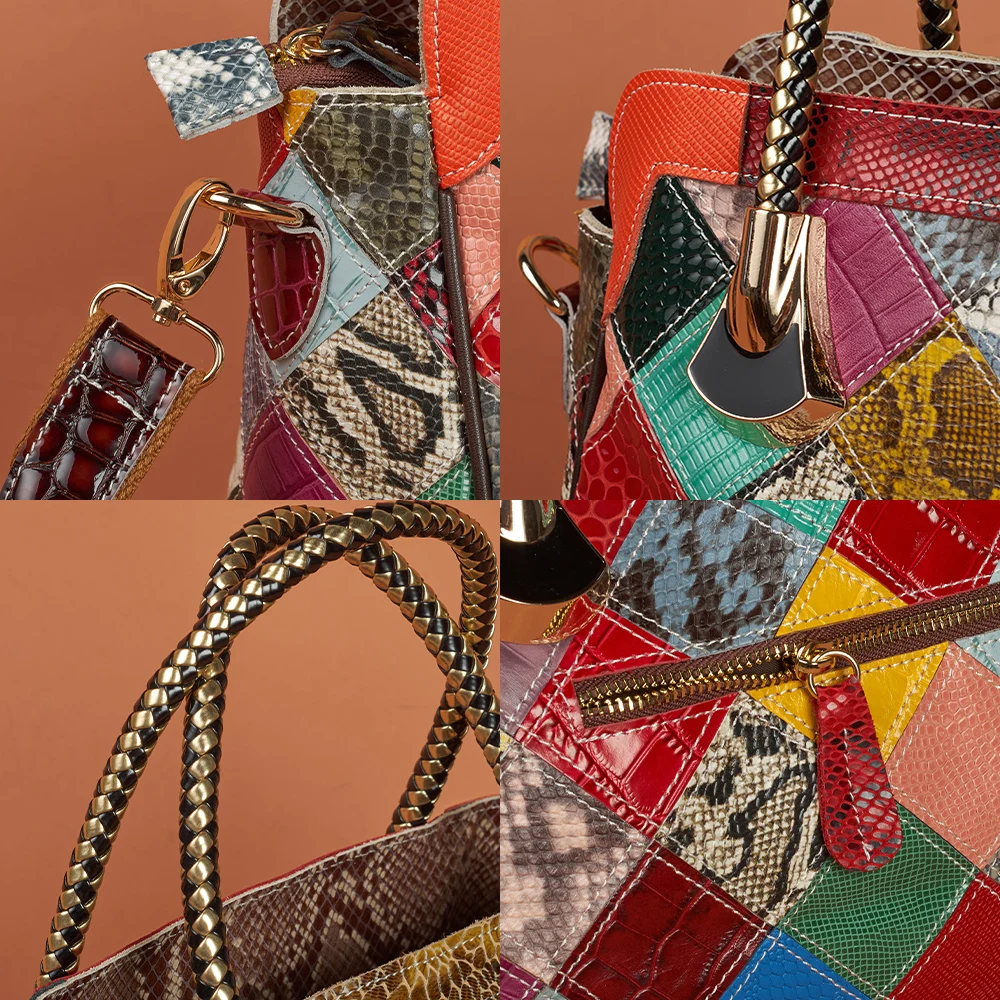 Genuine Leather Multi-Function Shoulder Bag for Women - Artisan-Crafted Vintage Checked Snake Print Dual Straps