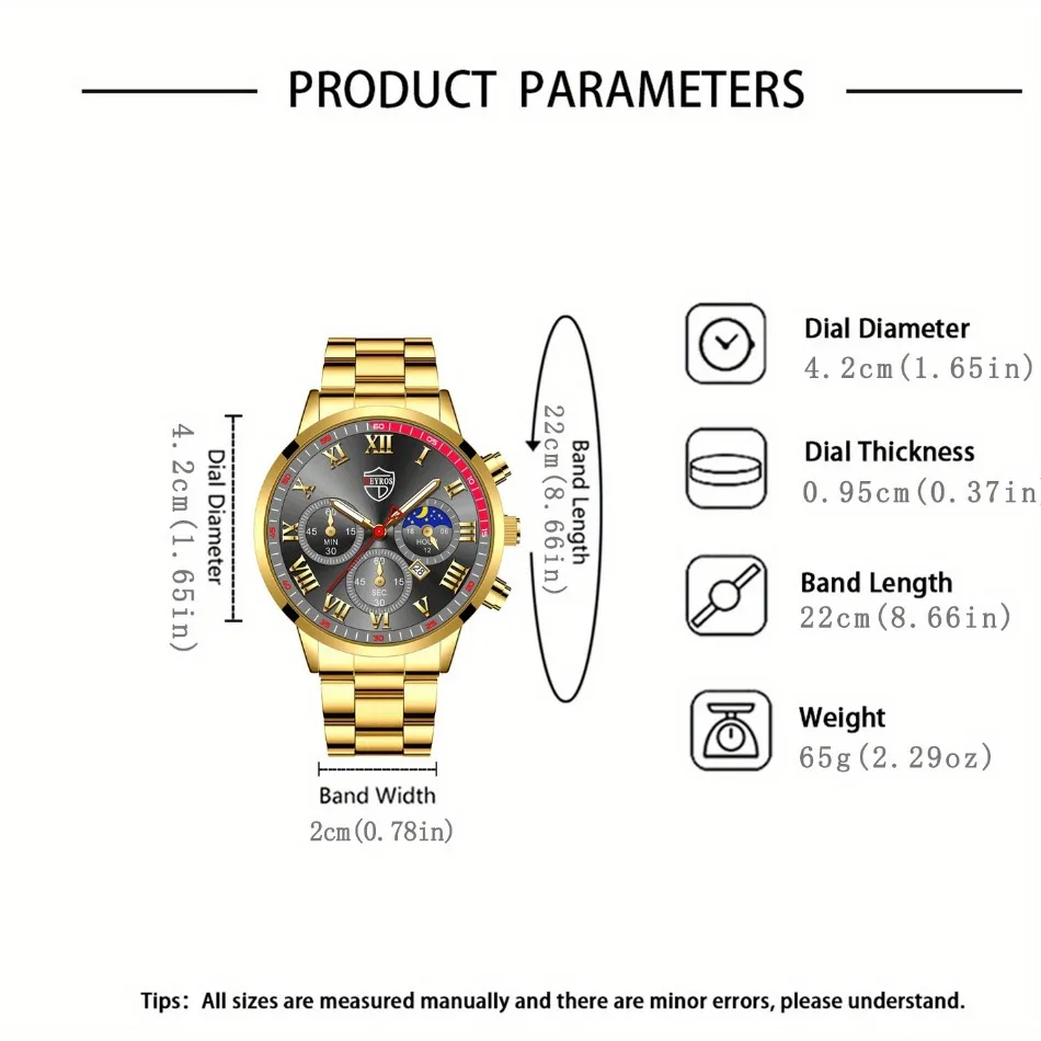 5 P/Set Golden Business Casual Moda Acero Inoxidable Reloj de Cuarzo para Hombre, Conjunto de Reloj Dorado Regalos para Hombres