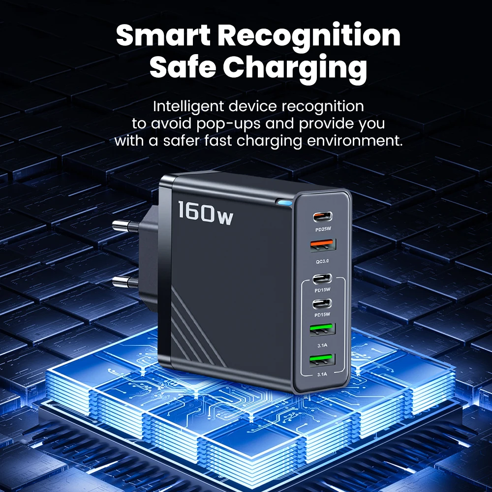 Elough 160w 3 Type C + 3 USB 6 Ports Charge rapide chargeur de téléphone portable QC 3.0 Super adaptateur de Charge pour POCO Oneplus Samsung Huawei