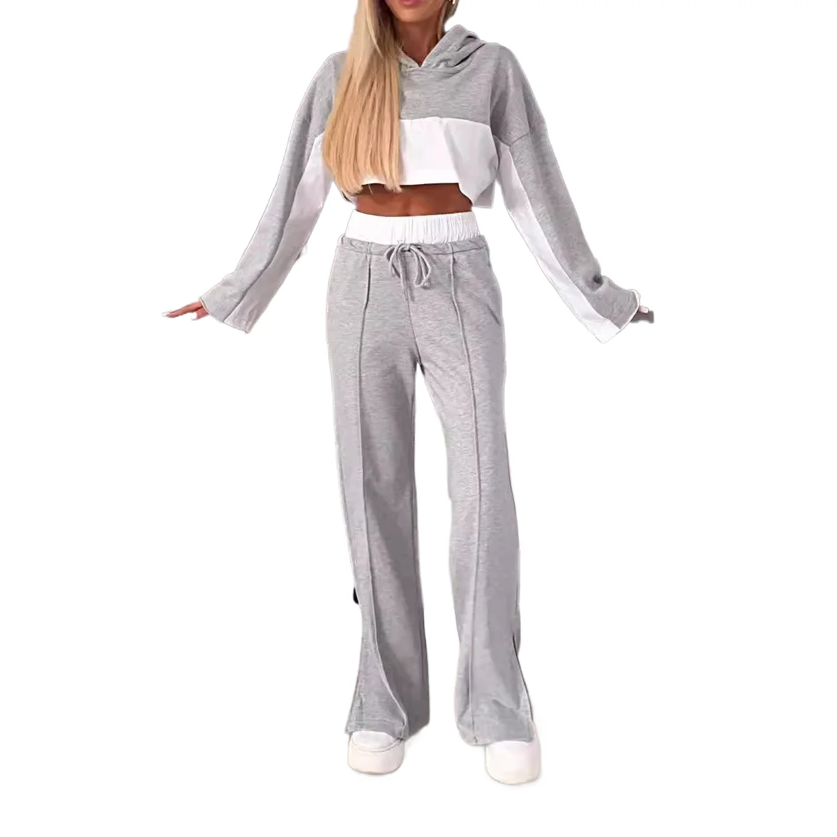 

Stylish Contrasting Color Suit Elegant Short Long Sleeved Hooded Top Elastic Waist Lace Up Straight Leg Trousers Two Piece Set