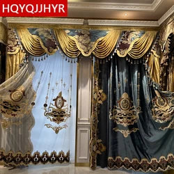 Top Luxury Embroidered Velvet Villa Curtains for Living Room Blue High-quality Custom Valance Curtains for Bedroom Kitchen Hotel