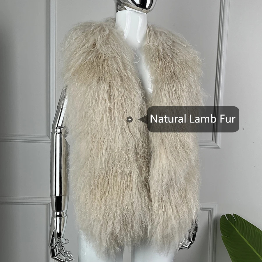 Naturalna Mongolska Skóra Owcza Halfter Futrzana Kamizelka Jagnięca Futrzana Kamizelka Dziewczęca Jesienno-Zimowa Moda Sexy Duży Kołnierz z Włosów na Plecach Top typu Halter