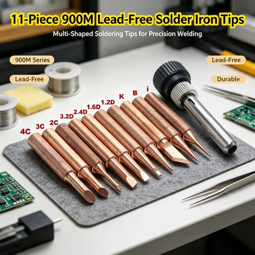 11Pcs 900M Series Pure Copper Soldering Iron Tips Set with Sleeve, Lead‑Free Welding Tips for 936 937 Soldering Station Tools