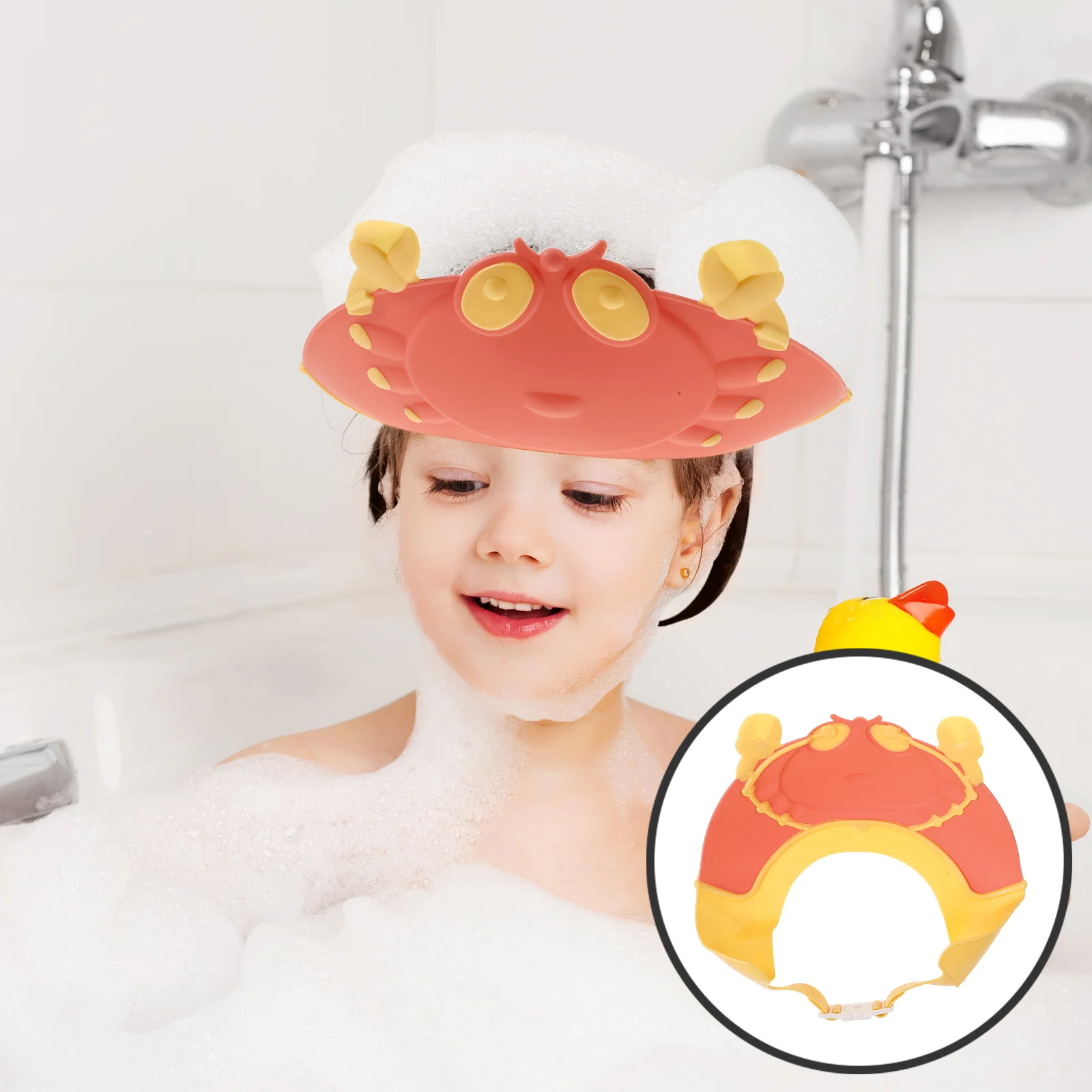 قبعة حمام للأطفال قابلة للتعديل باللون الأحمر - قبعة استحمام للأطفال مع حماية للعين والأذن وغطاء رأس للأطفال الصغار