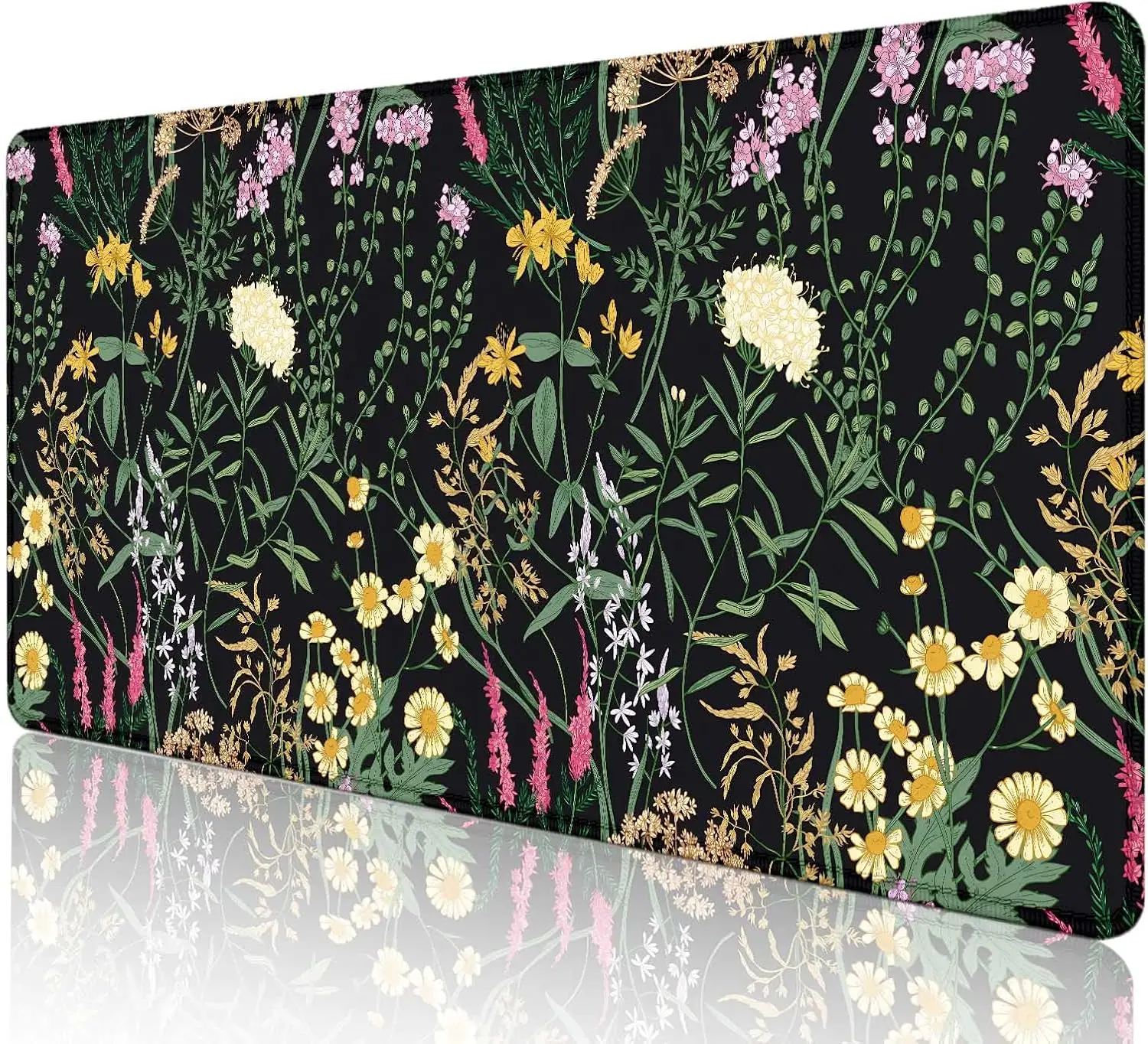 Vintage Black Botanical Flowers  Mouse Pad – Colorful Blooming Herbs Desk Mat for Gaming & Decor