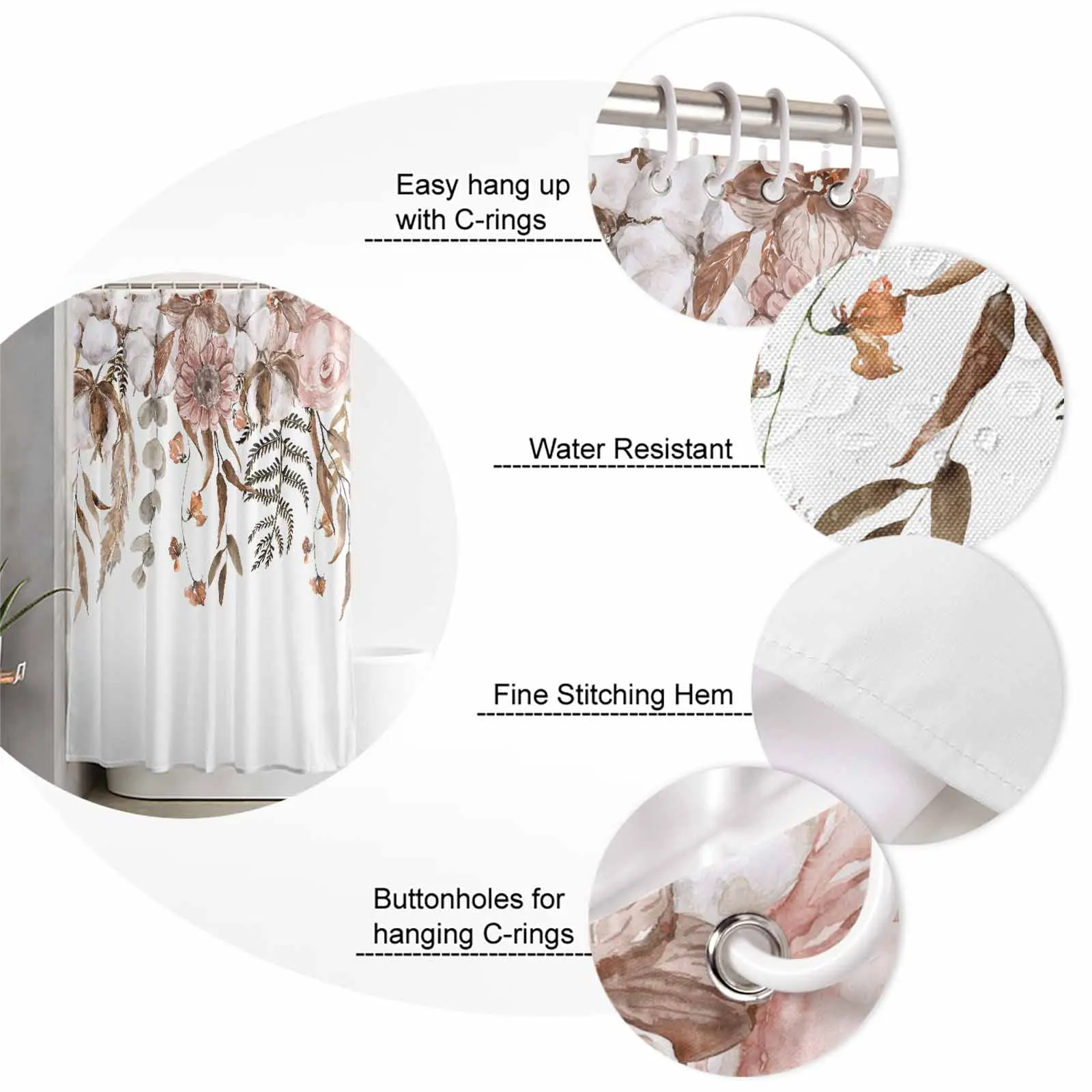 Autumn Leaves Cotton Eucalyptus Leaves Shower Curtain Set Non-Slip Rugs Bath Mat Toilet Lid Cover Waterproof Bathroom Curtain