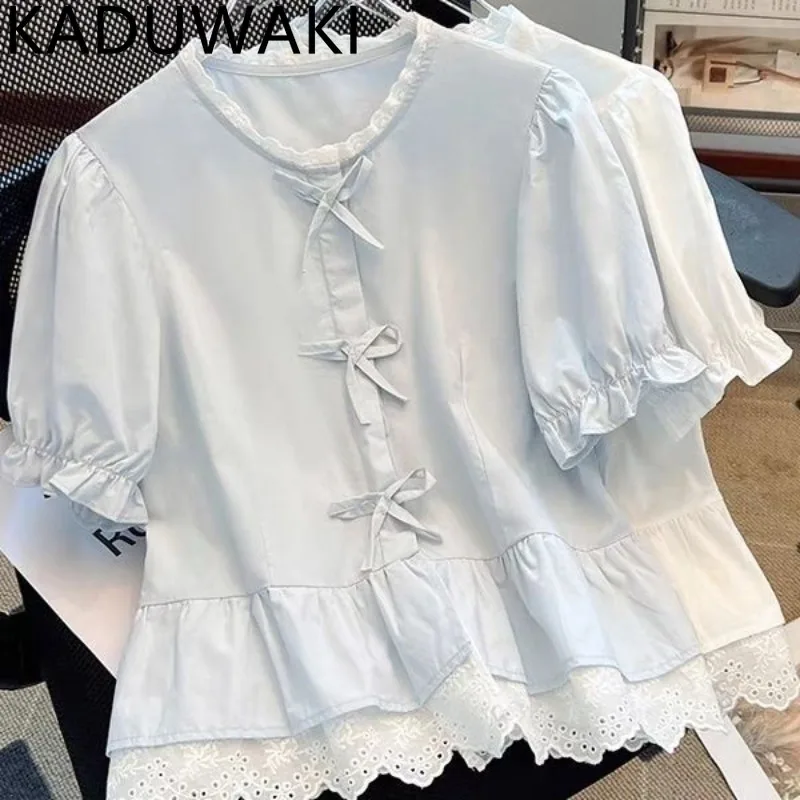 

New Lace Bow Short Sleeve Blouse Shirts Summer 2025 O-neck French Style Top All-match Casual Chic Sweet Fairy Blusas Mujer