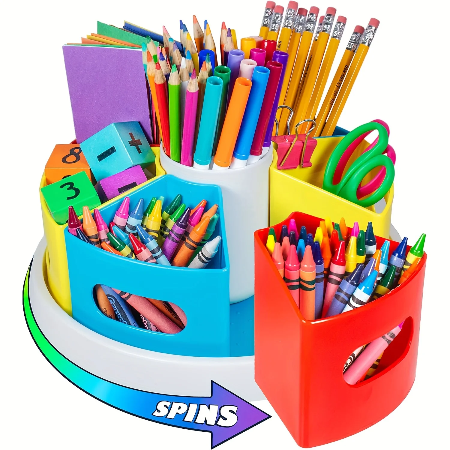 Swivel art supplies organizer for kids desk, crayon and pencil organizer for teachers, homeschool and school supplies