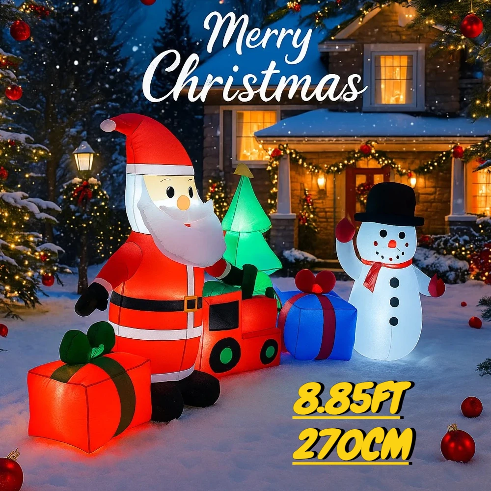 

8.85FT Inflatable Toy Christmas Decor Set Santa Claus Snowman Train Xmas Yard Decorations Supplies Gift LED Lit Xmas Decor