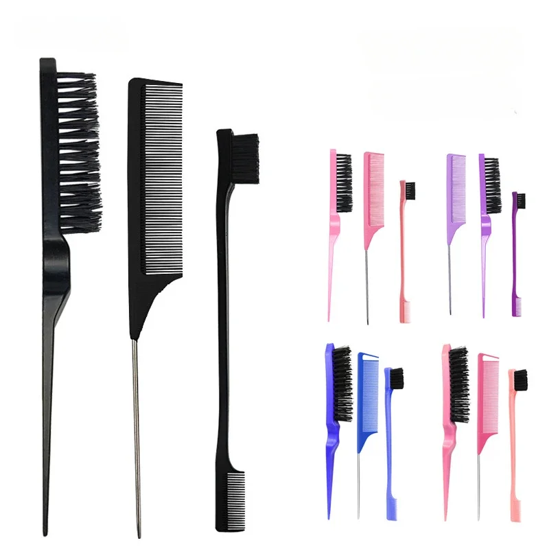 3Pcs Hair Styling Comb Set Teasing Hair Brush Triple Teasing Comb Rat Tail Combs Edge Brush Hair Tail Tools Braid Tool Loop