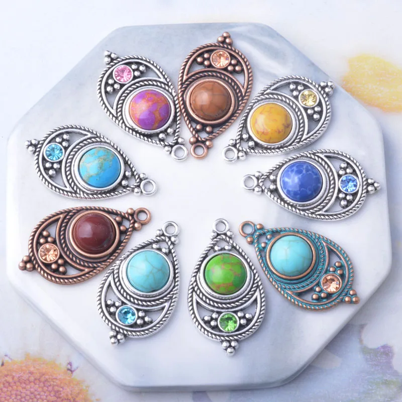 10pcs Bohemian style  Antique Silvery Stone and acrylic Charms Zinc Metal Earrings Pendants Accessories DIY  Women  Jewelry