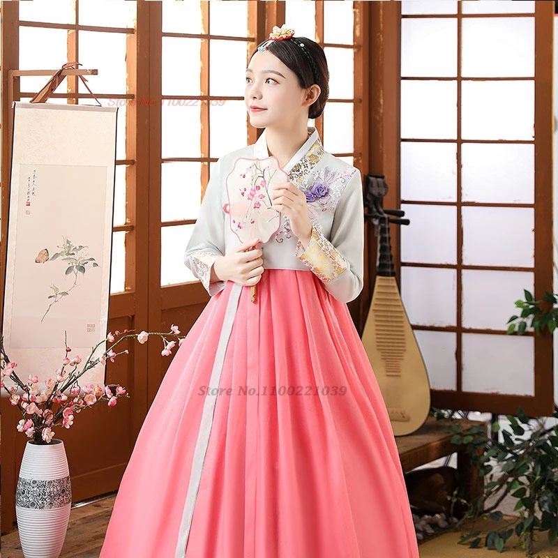 

2026 korean traditional dress hanbok vintage dance costume chiffon hanbok folk dress stage performance flower embroidery dress