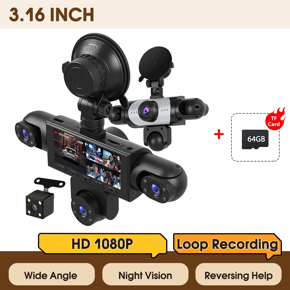 Podofo 3,16'' 1080P Dashcam mit 5 Hochauflösenden 360-Grad-Linsen ° Auto-Videorekorder mit Schleifenaufzeichnung, Nachtsicht und Einparkhilfe, inklusive 64GB Speicherkarte