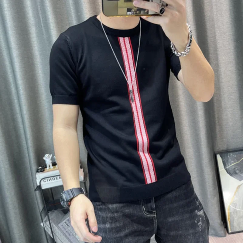 

O-Neck Stretched Men's Tee Shirt Patchwork Color Stripe Slim Fit Knitted T Shirt Homme Streetwear Fashion Casual T-Shirt