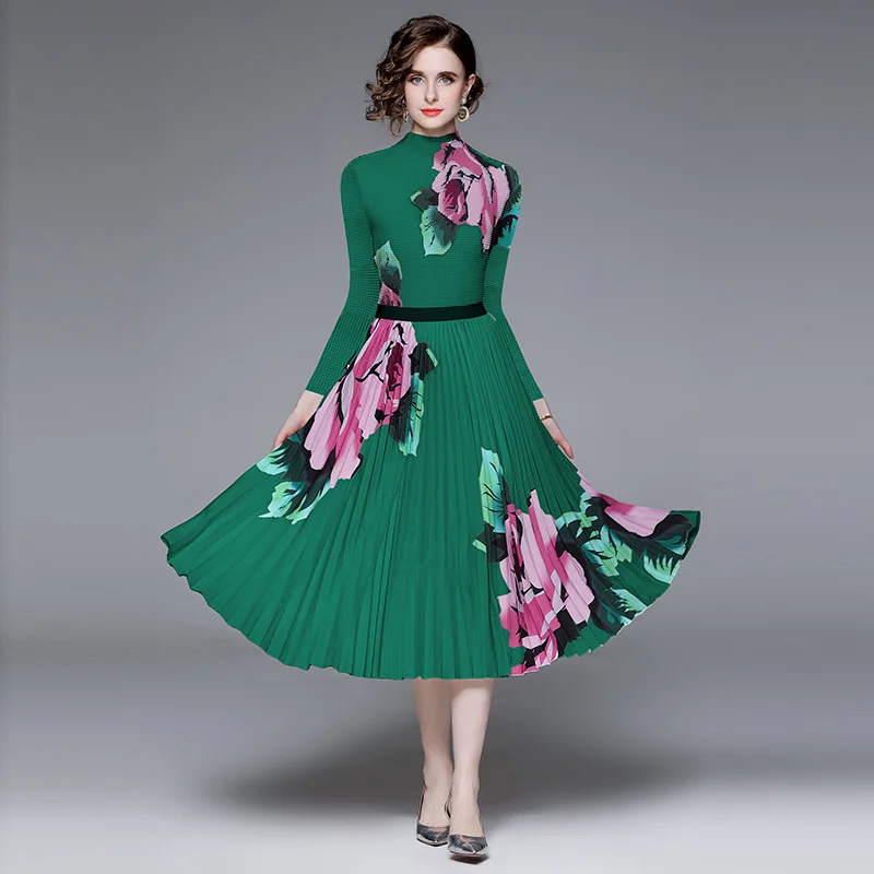 

New Autumn Winter Miyake Pleated Suit Women Long Sleeve Flower Print Stand Collar Tops + Floral Midi Skirt Female Two Piece Set