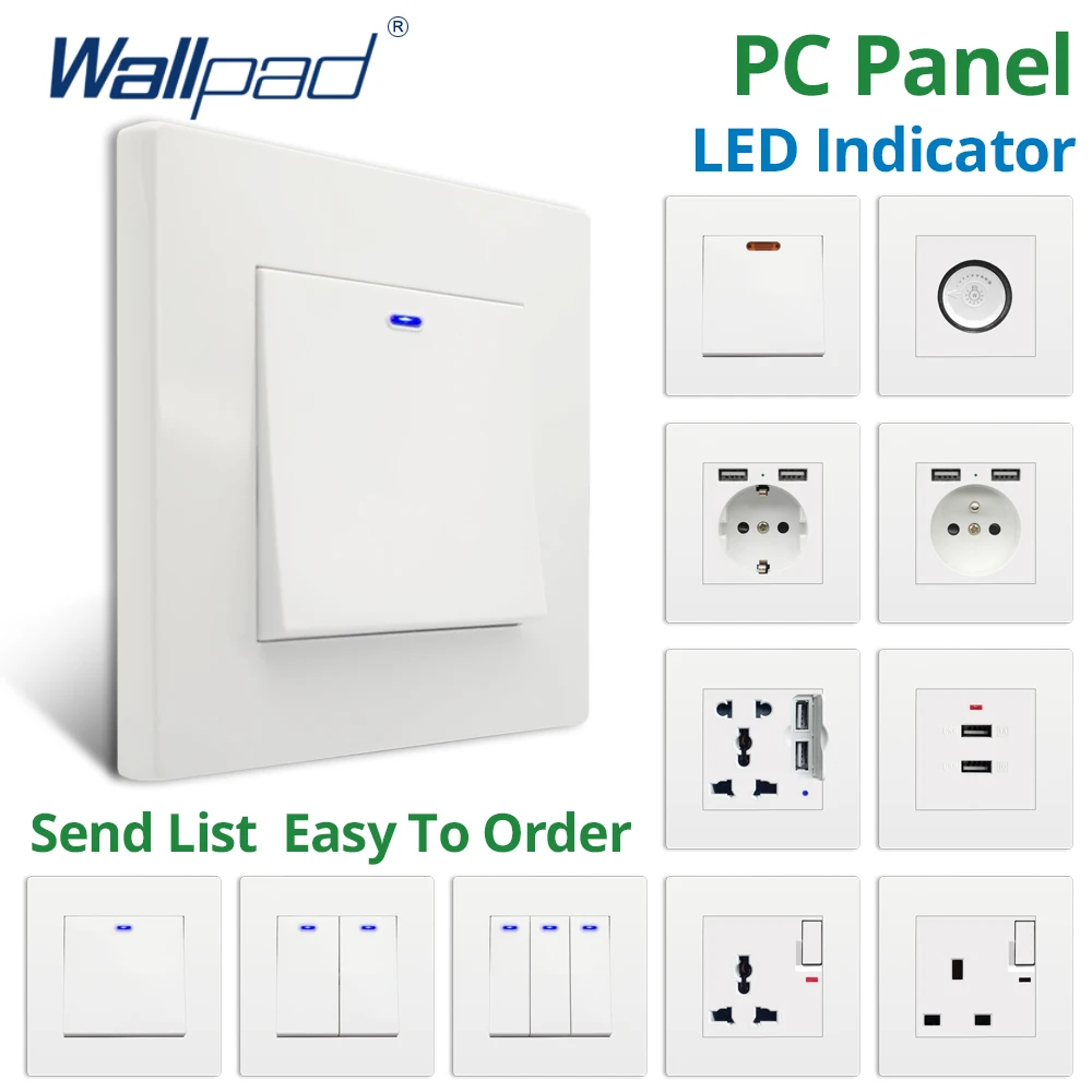 Wallpad White PC Panel 1 2 3 Gang 2 Way With LED Wall Light Switch and EU Electric Outlet With 2 USB Charge Port Socket 110 220V