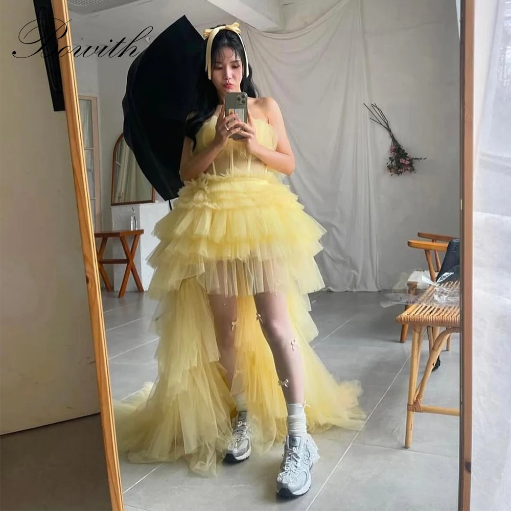 

Bowith Yellow Fairy Korean Evening Dresses Customized Strapless Tiered Soft Tulle Party Gown Girls Wedding Snap Dresses 2025