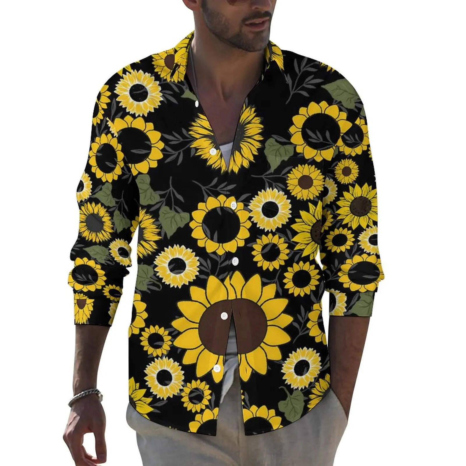 Sunflower Shirt Cute Flowers Casual Shirts Long Sleeve Custom Y2K Blouses Autumn Novelty Oversized Tops