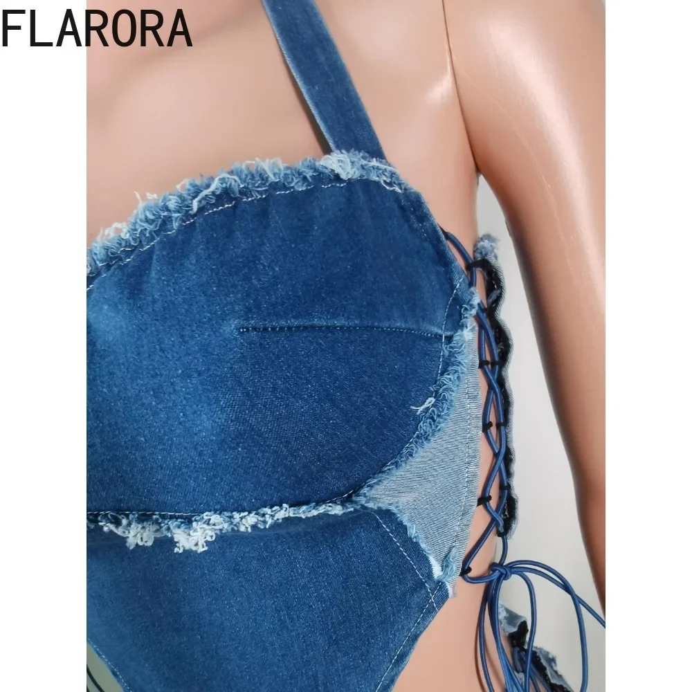 FLARORA Fashion Denim Hollow Lace Up Mini Skirts Two Pieces Set Women Strapless Crops Top and Side Bandage Skirts Cowboy Outfits