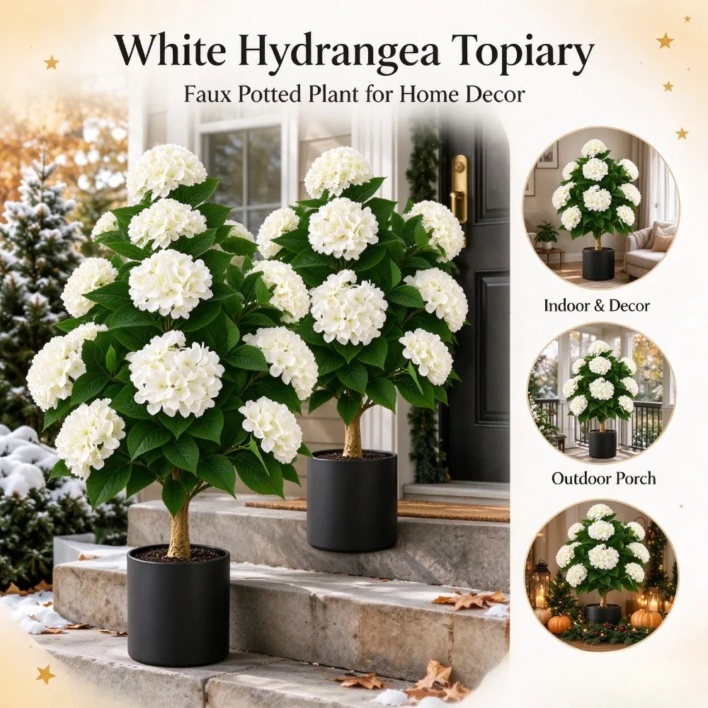 Set of 2 Artificial Hydrangea Trees, 32 Inch White Faux Flower Plants, Realistic Full Bloom Clusters, Indoor Outdoor Patio Porch Yard Home Decor