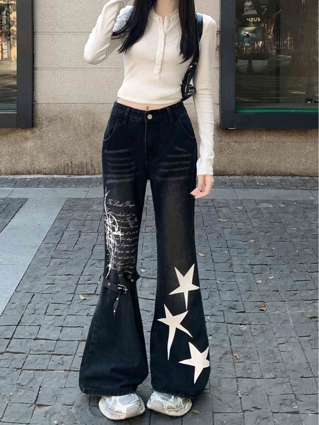 

Slim Fit Wide Leg Jeans High Waist Commuter Sle Waed Totem Print Flared Denim Pants Trendy American Sle Women's Clothing