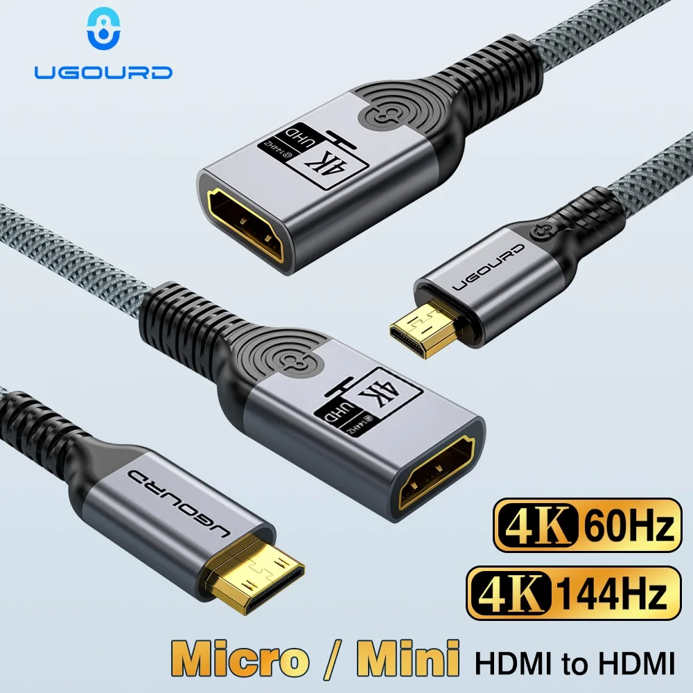 UGOURD Mini & Micro HDMI to HDMI Female Extender Cable 0.2M 4K 144Hz 60Hz MicroHDMI Adapter Cord MiniHDMI Converter for Camera