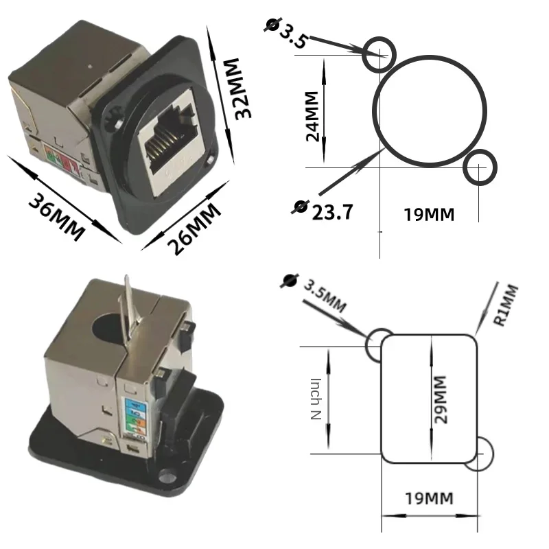 D-type RJ45 CAT.6 network computer shielded wiring module with black and silver ribbon fixing screws