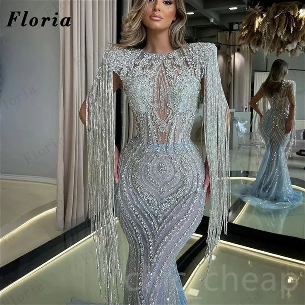 Full Beaded Evening Dresses Arabic Dubal Long Tassel Mermaid Prom Dress Elegant Diamonds Long Wedding Party Dress Vestido Festa