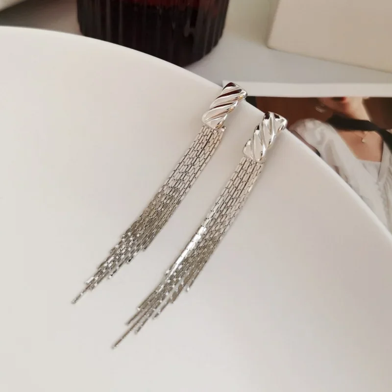 925 Sterling Silver Stud Earrings with Intricate Spiral Patterns and Long Tassel Chains for Fashionable Ladies