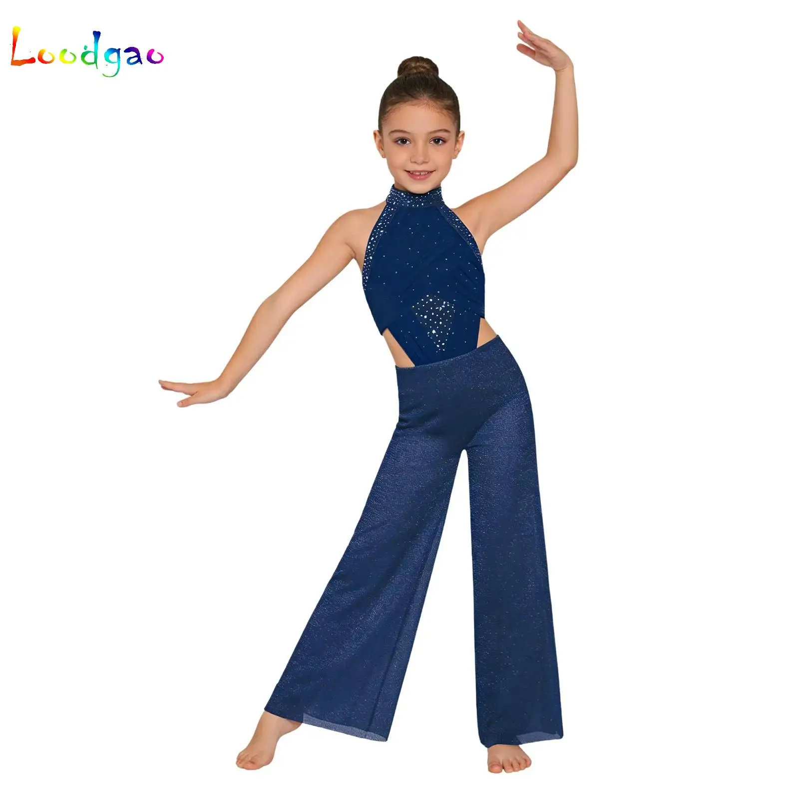 

Kids Girls Ballet Lyrical Dance Unitards Jumpsuit Performance Costume Shiny Sequins Bodice Shimmery Mesh Split Wide-Leg Bodysuit