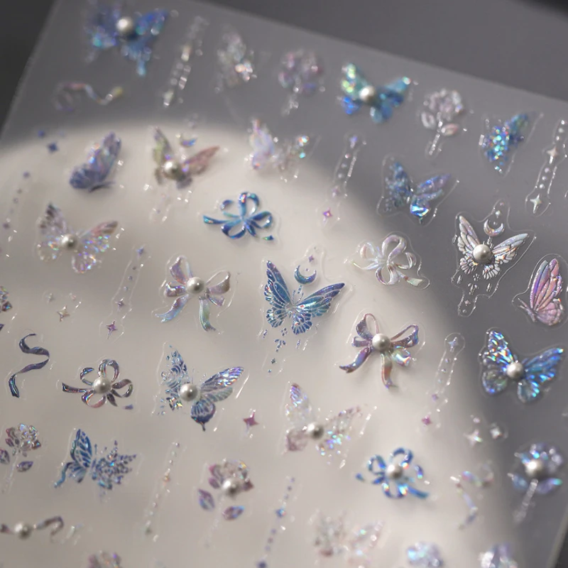 Blue Purple Butterfly Rose Bowknot Starlight Polarized 3D Self Adhesive Nail Art Stickers Pearl Rhinestone Chic Manicure Decals