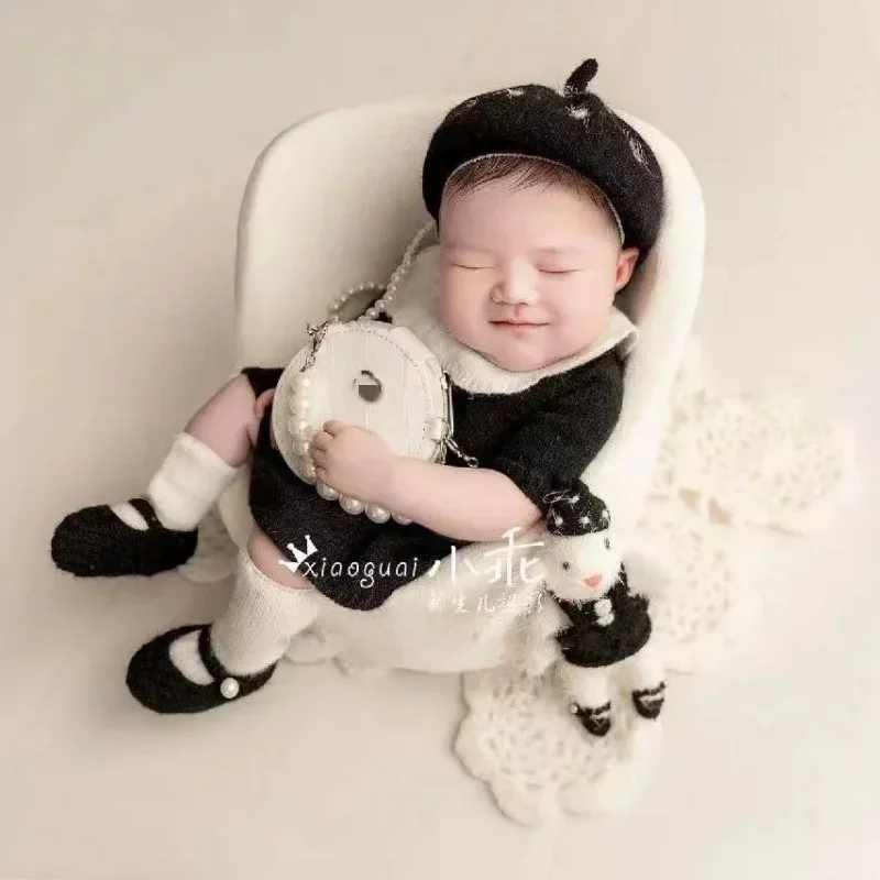 Newborn Photography Props Girls Elegant Luxury Black Outfit Set Handbag Doll Posing Sofa Theme Set Studio Shooting Photo Props