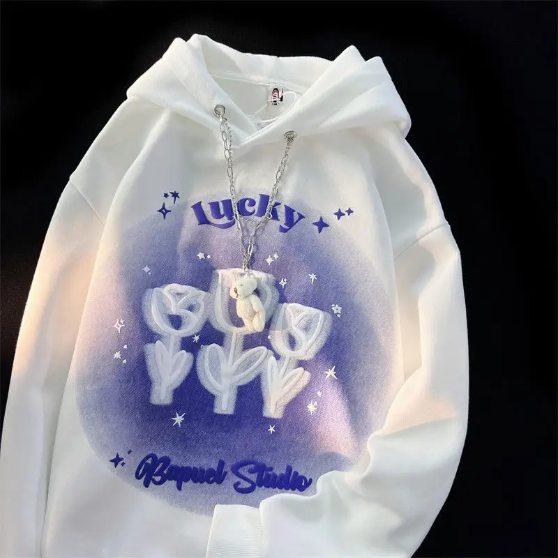 Style Chic Women Men Hoodies Korean Sweet Kawaii Oversize Sweatshirts Harajuku Letter Print Ulzzang Cute Hoodie