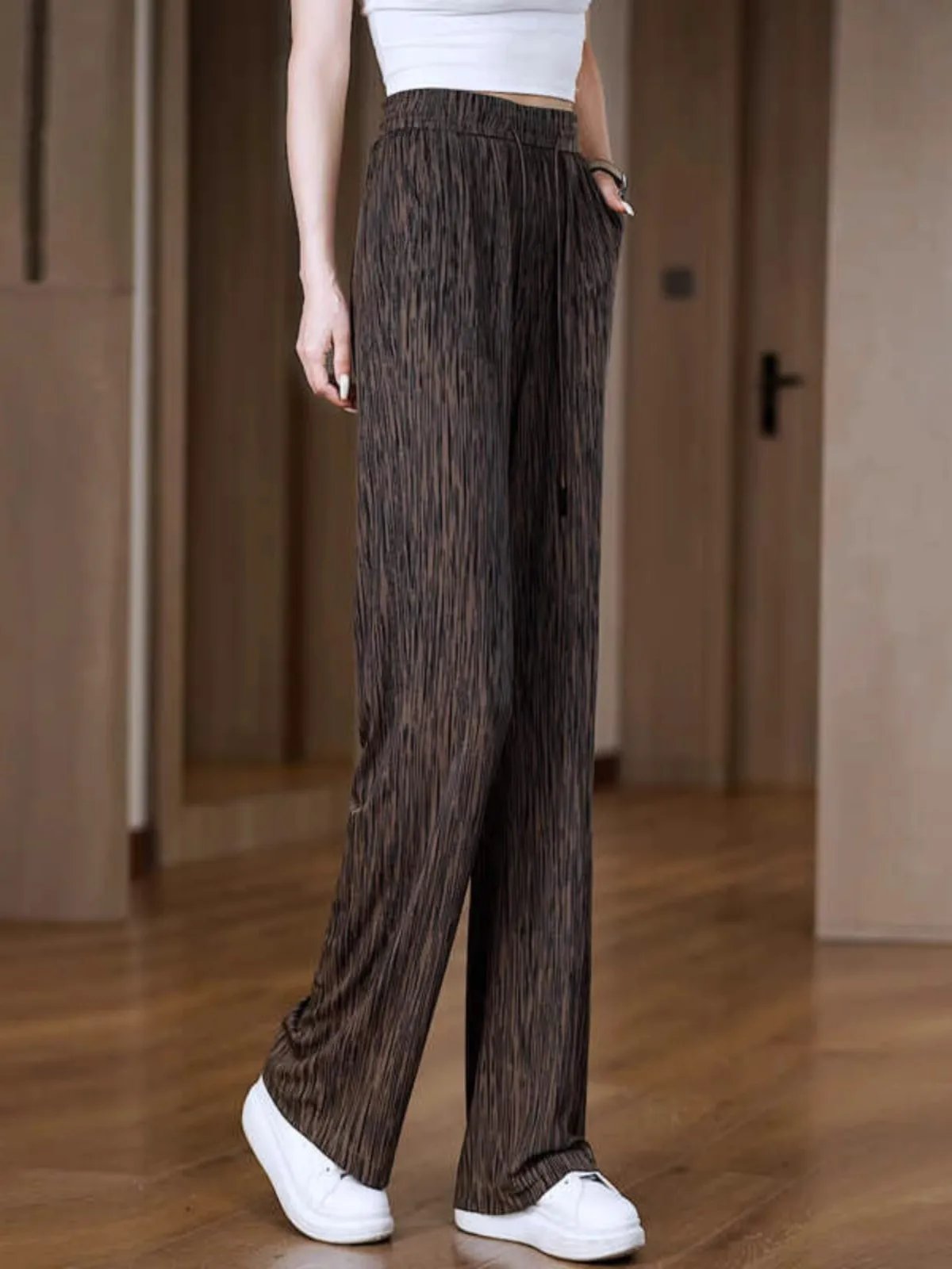 Primavera 2025 faion estreita calças de perna larga feminina macia cintura alta magro solto drapey versátil casual calças de perna reta