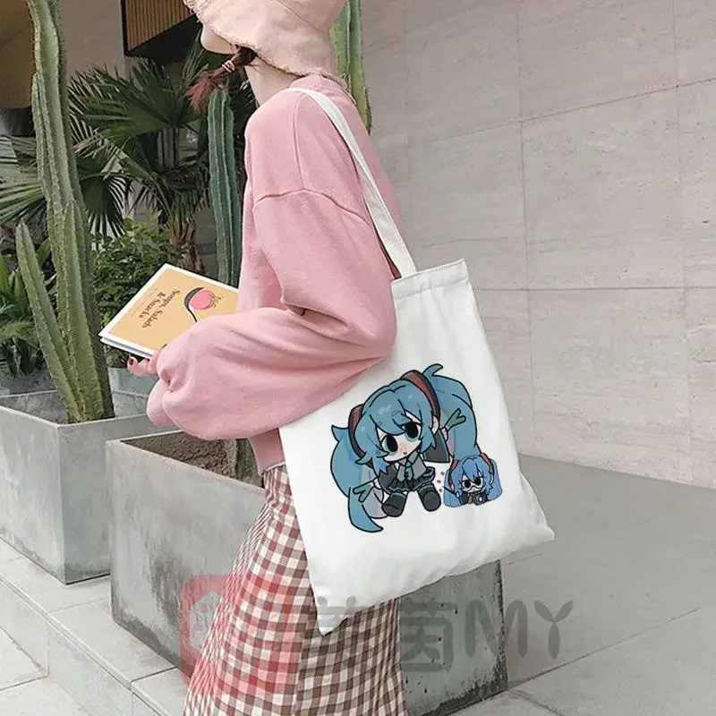 Hatsune Miku Canvas Tote Bag Cute Anime Print Handbags With zippers Reusable Shopping Bag Vocaloid Kawaii Eco Shopper Bag Gifts