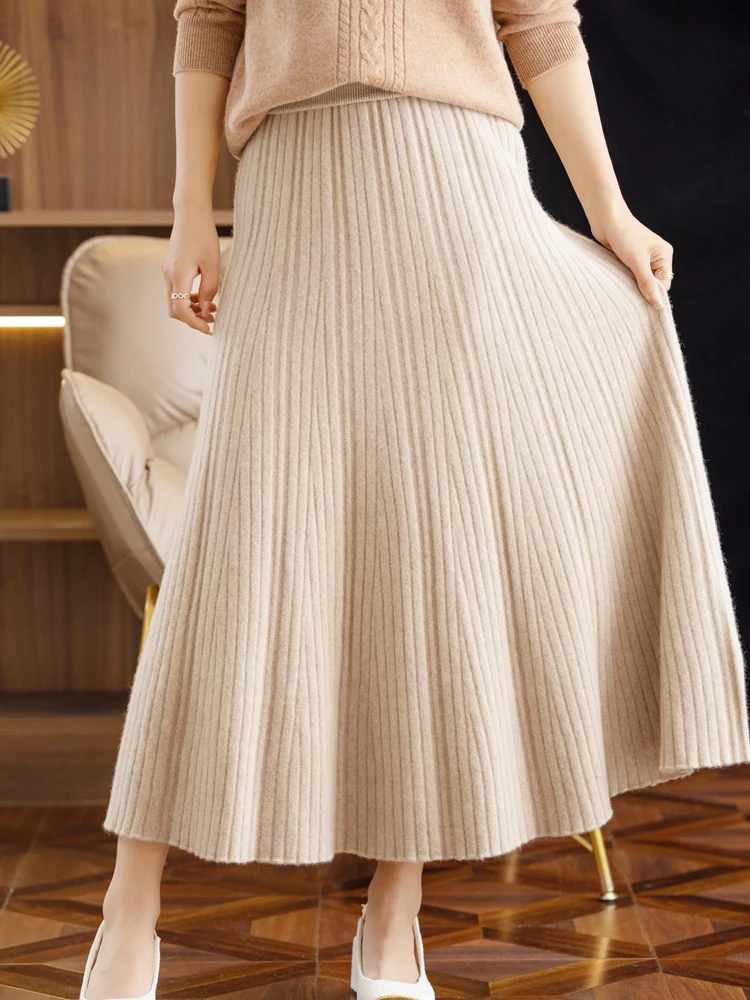 

Autumn Winter Women New 100% Pure Wool Skirt Soild A-line Pleated Mid Length Slimming Knitted Cashmere Dress Elegant Versatile