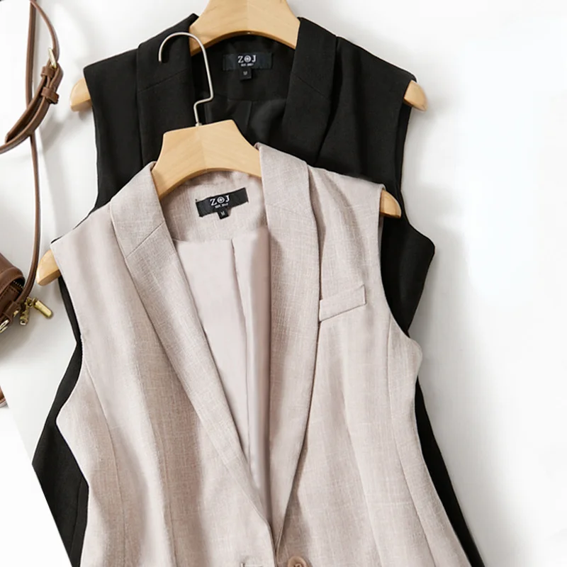 

2023 Spring Vest Solid Color Waistcoats Fashion Autumn Linen Slim Jacket Women Cotton Khaki Blazer Single Buckle Sleeveless Tops