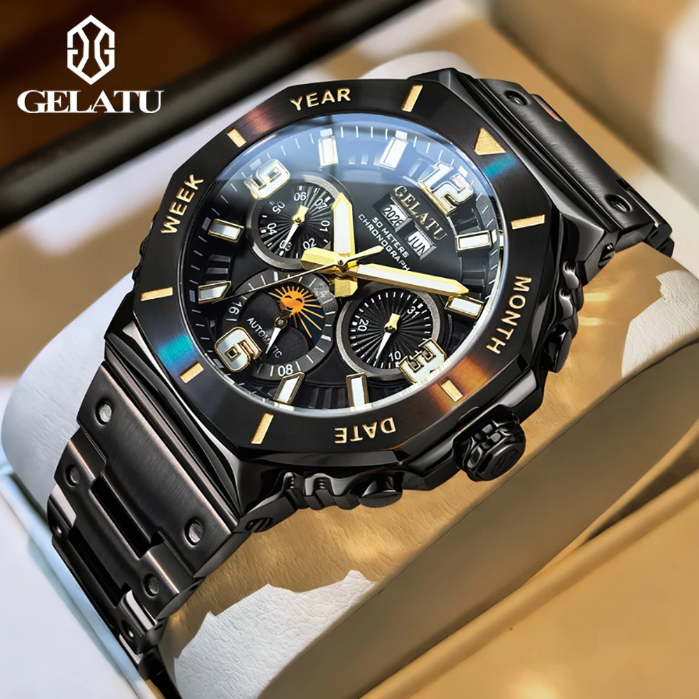 

GELATU 6030 Mechanical Movement Watch For Men Multifunctional Dial Angular Design Night Light Function 50m Waterproof Watch