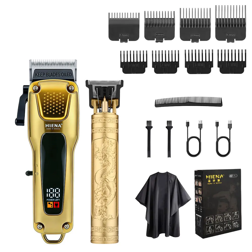Kit de Cortadora de Pelo y Recortadora HIENA 2 en 1 Dorada con 8 Peines Guía, Capa de Barbero y Pantalla LCD