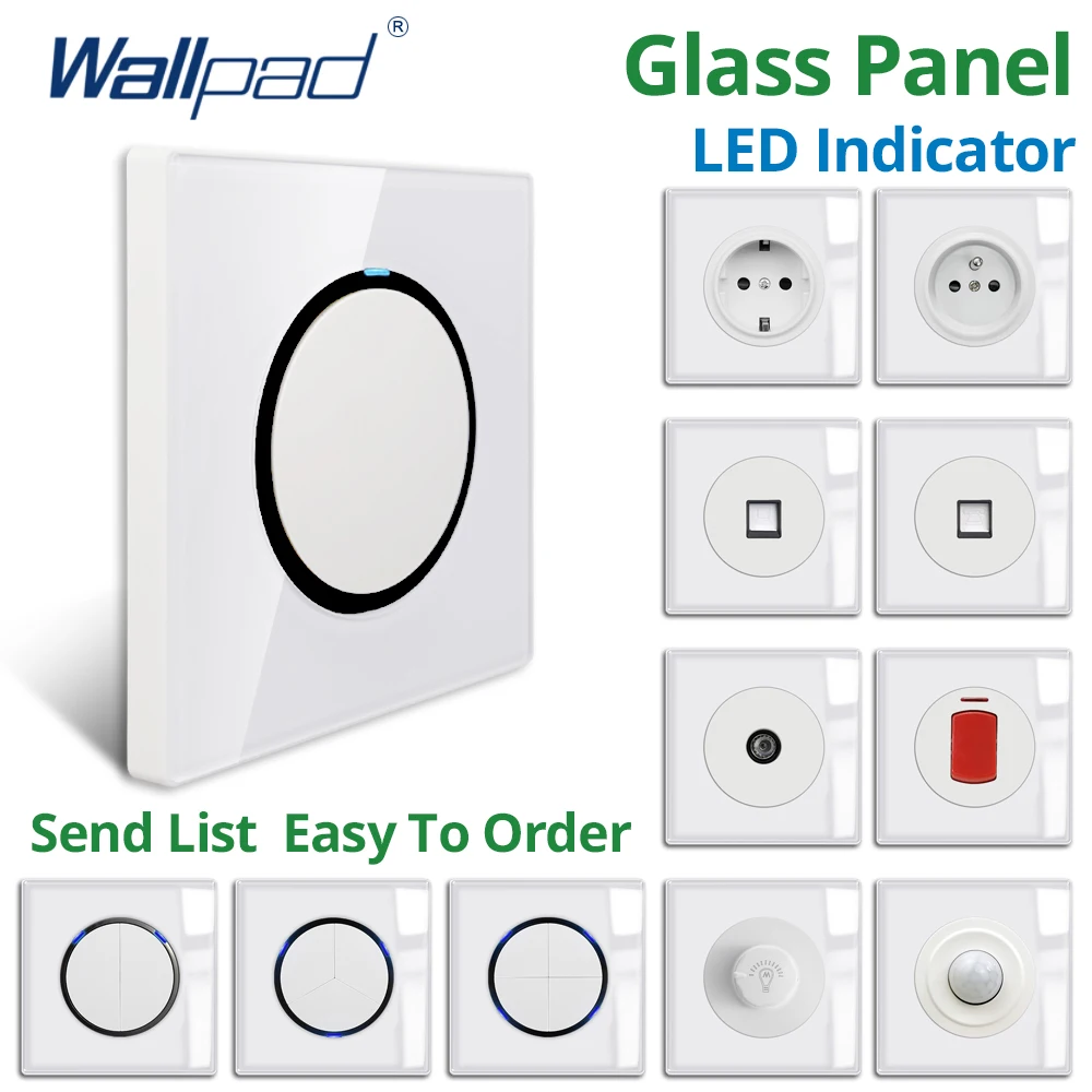 Wallpad White Glass Panel Blue LED Indicator Push Button Wall Light Switch and Socket Electric Outlet AC110-220V 16A