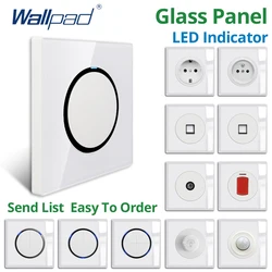 Wallpad White Glass Panel Blue LED Indicator Push Button Wall Light Switch and Socket Electric Outlet AC110-220V 16A