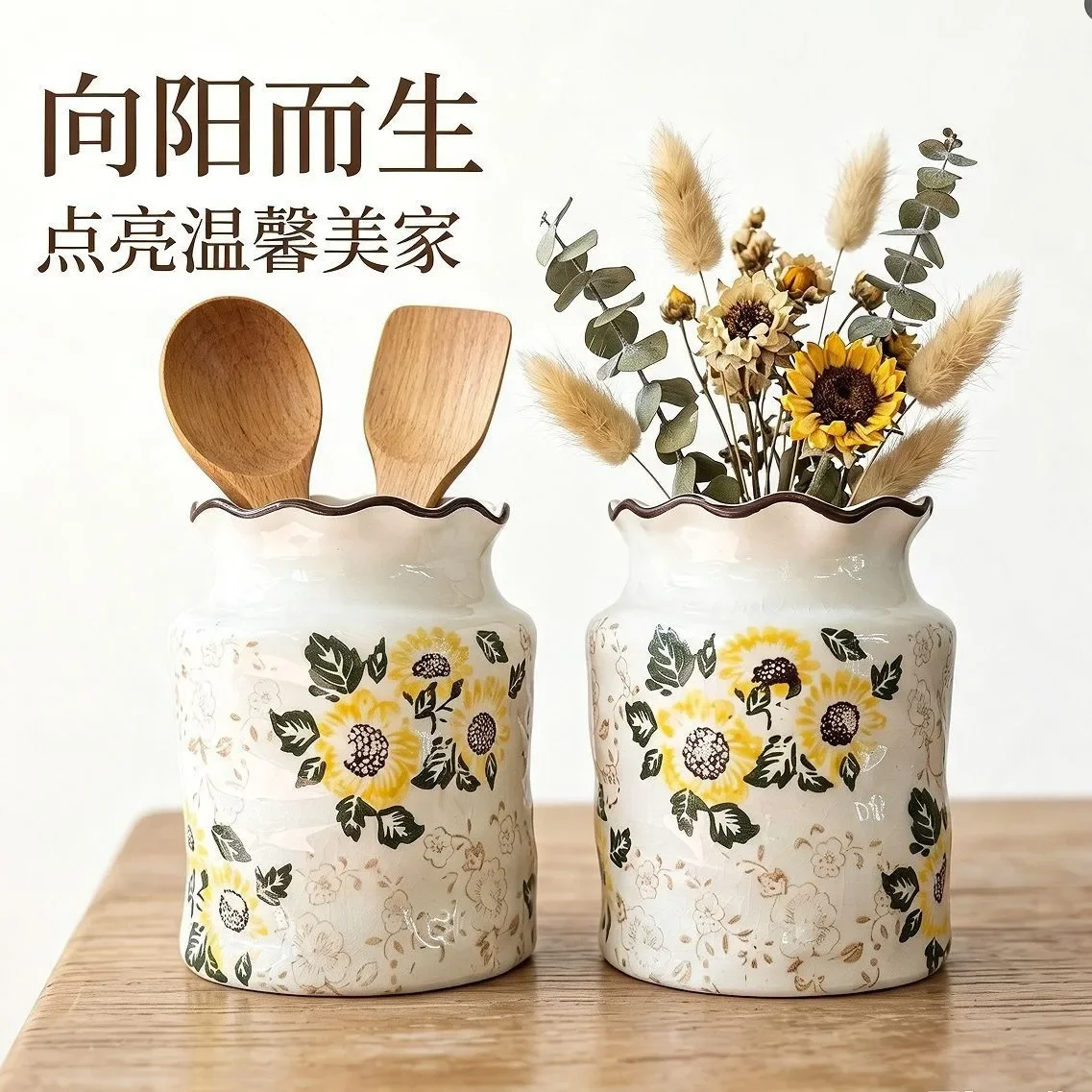 Ceramic Utensil Holder Sunflower Farmhouse Crackle Glaze Vase Dried Flower Chopstick Storage Rustic Kitchen Home Decor Gift